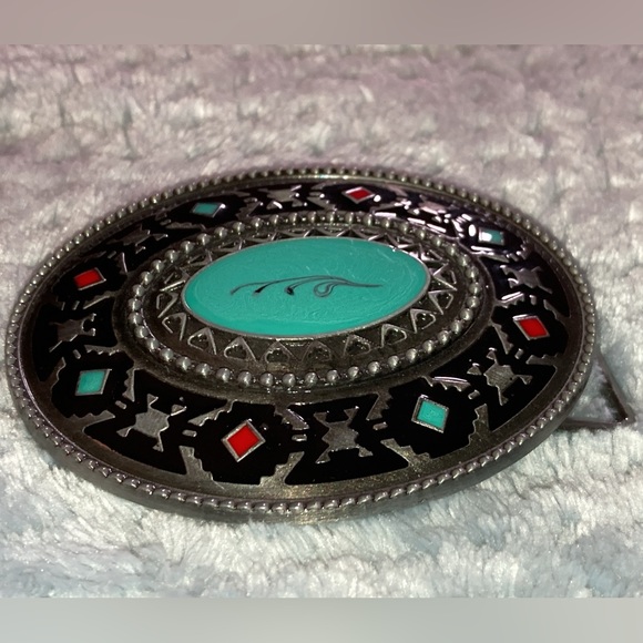 NWOT- WESTERN BELT BUCKLE AZTEC DESIGN WITH RED AND TEAL ACCENTS - Picture 6 of 9